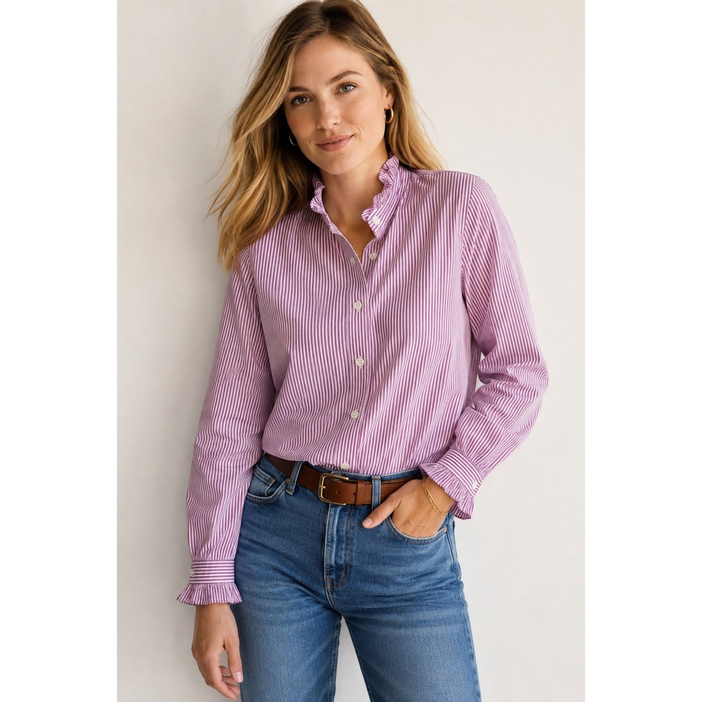 J.Crew Ruffle Button Down Shirt Small Pink White Stripe Cotton Stretch Preppy